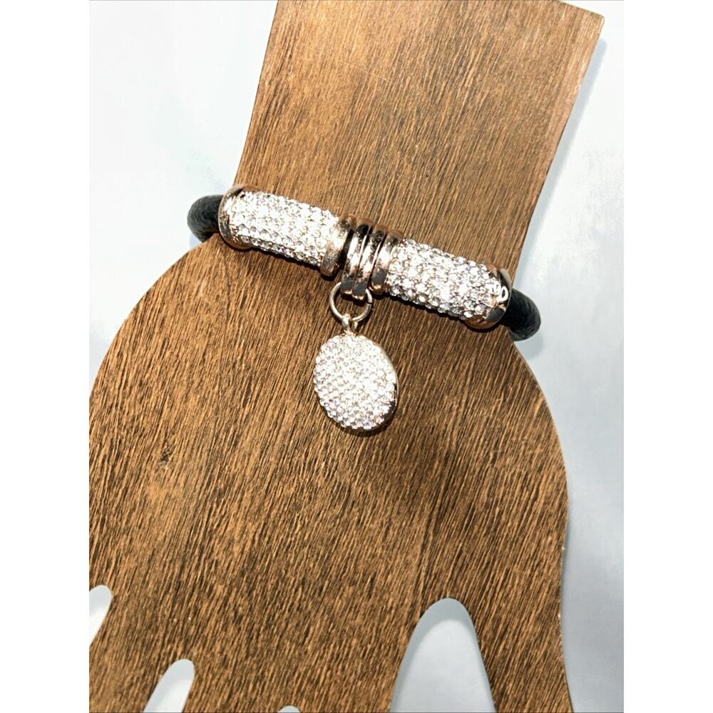 Size 6 Thick Leather BANGLE BRACELET Pave Crystal “love” Magnetic Closure